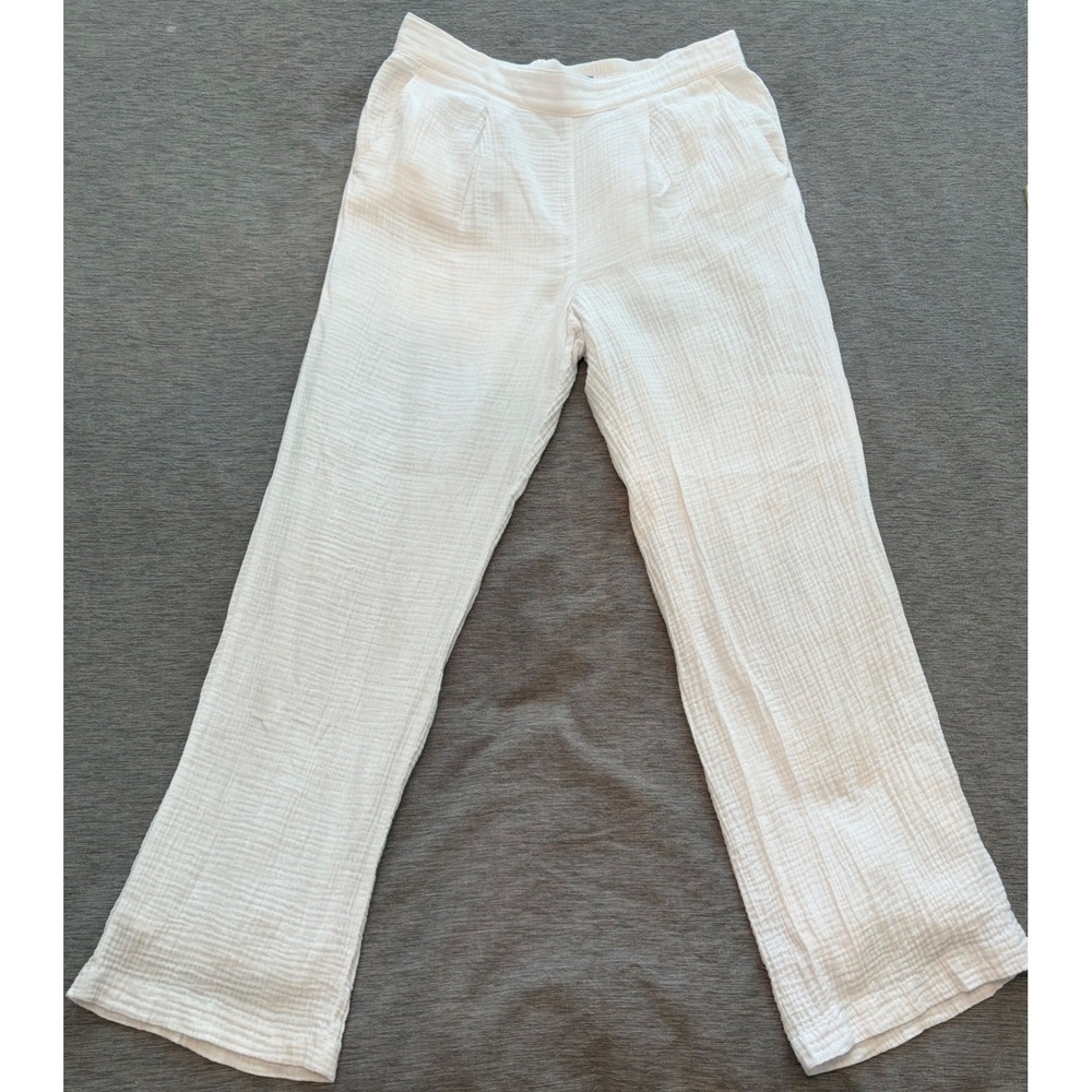 J.McLaughlin White Cotton Gauze Wide Leg Pants Elastic Waist Pockets Size M